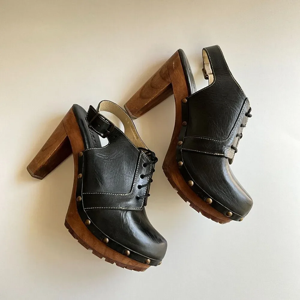 Bed Stu Cobbler Magnet Leather Oxford Slingback Wood Clogs 9
